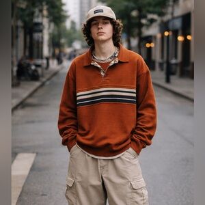 Vintage Y2K Commander Rugby Pullover | 90s 2000s Striped Collared Sweater